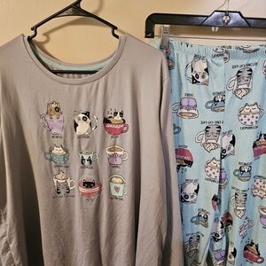 Secret Treasures Cat Print Kids Pajama Set - Gray and Light Blue